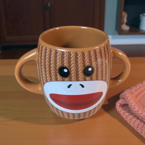 Galerie Sock Monkey Two-Handle Ceramic Mug – Brown Red Knit Pattern Cup - Picture 1 of 3